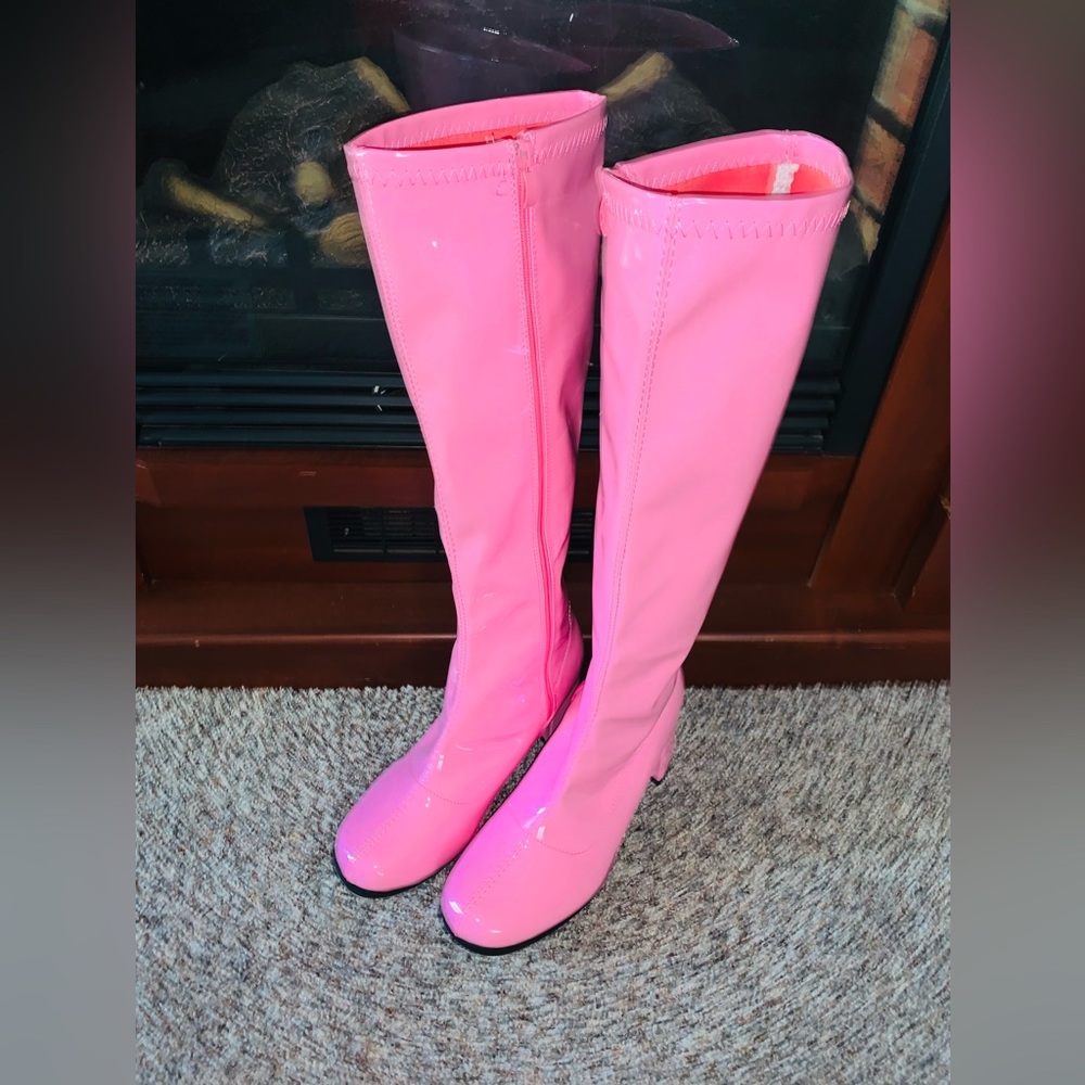 Knee high pink faux leather 3” heel boots